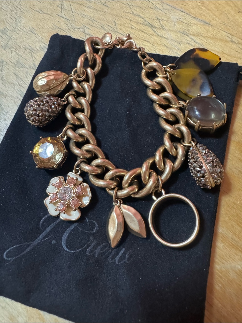Vintage J. Crew Chunky Multi-Charm Statement Bracelet - Tortoise & Rhinestone